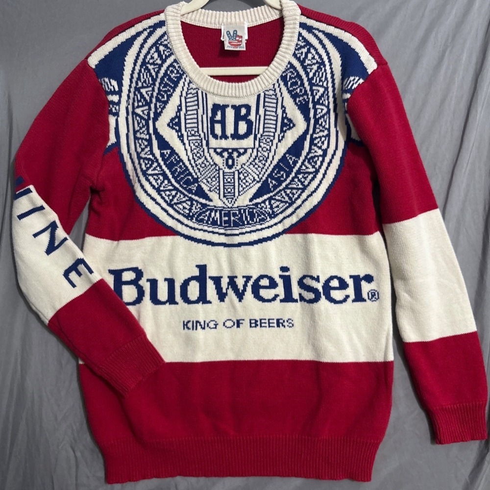 Budweiser Holiday Ugly Sweater Large Red White Blue Americana King of Beers Knit